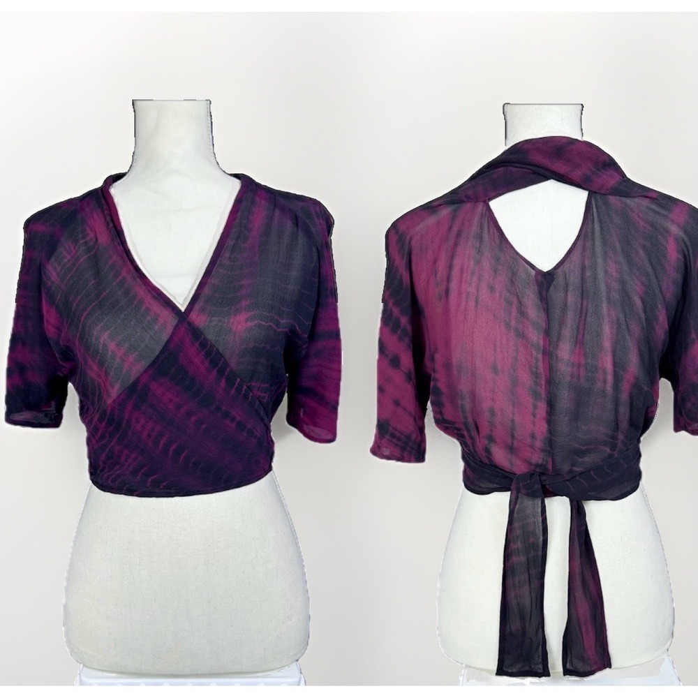 100% Silk Tie Dye Shibori L Crop Top Wrap Blouse Darts Twist Back Black Burgundy